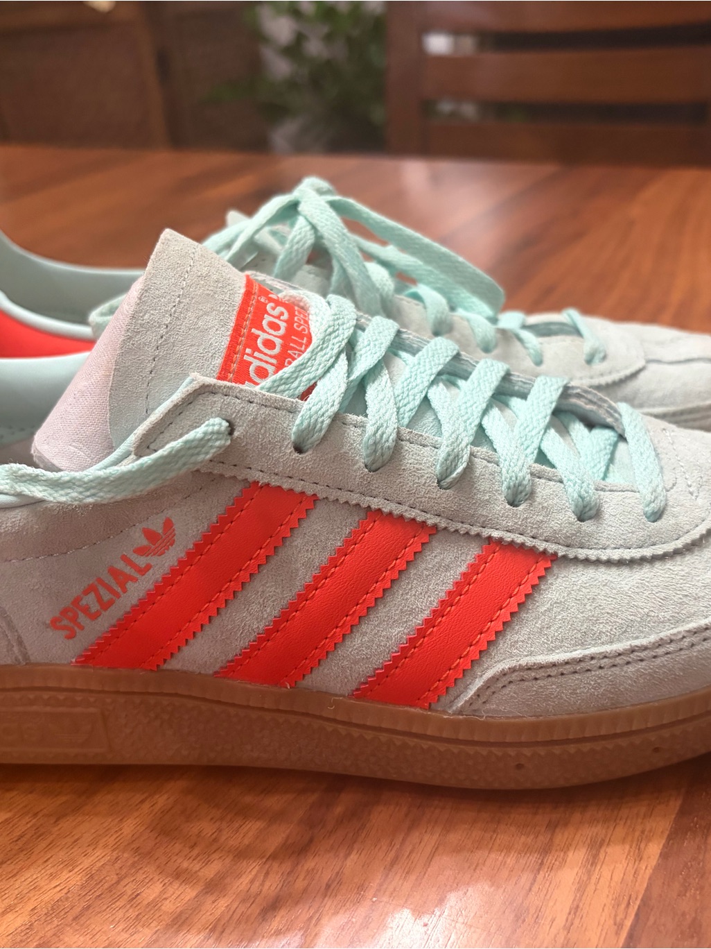 Adidas Womens Spezial Suede Sneaker In Light Gray With Bright Orange Stripes